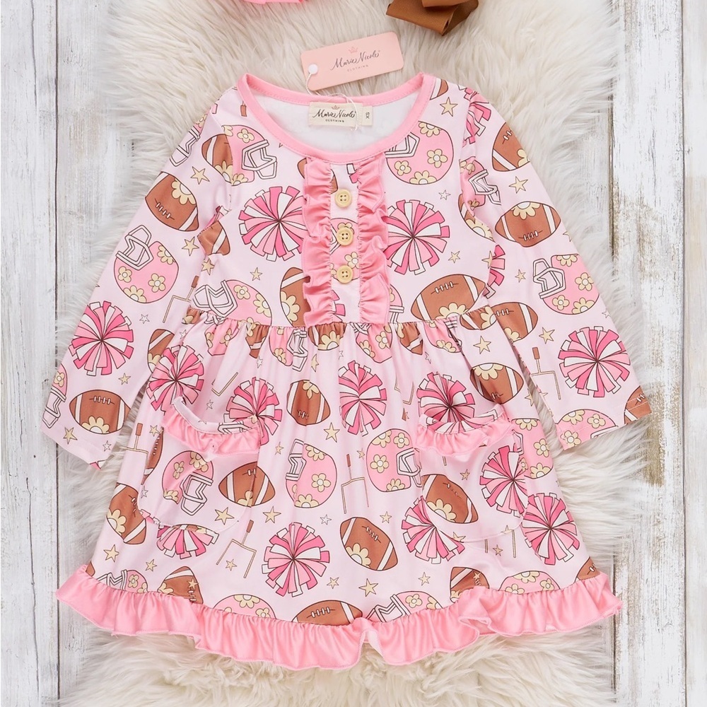 NWT Marie Nicole Girls Size 5 Pink Patterned Football Cheer Long Sleeve Dress